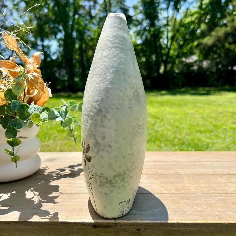 Vintage Ceramic Oriental Floral White and Gray Vase | Stamped